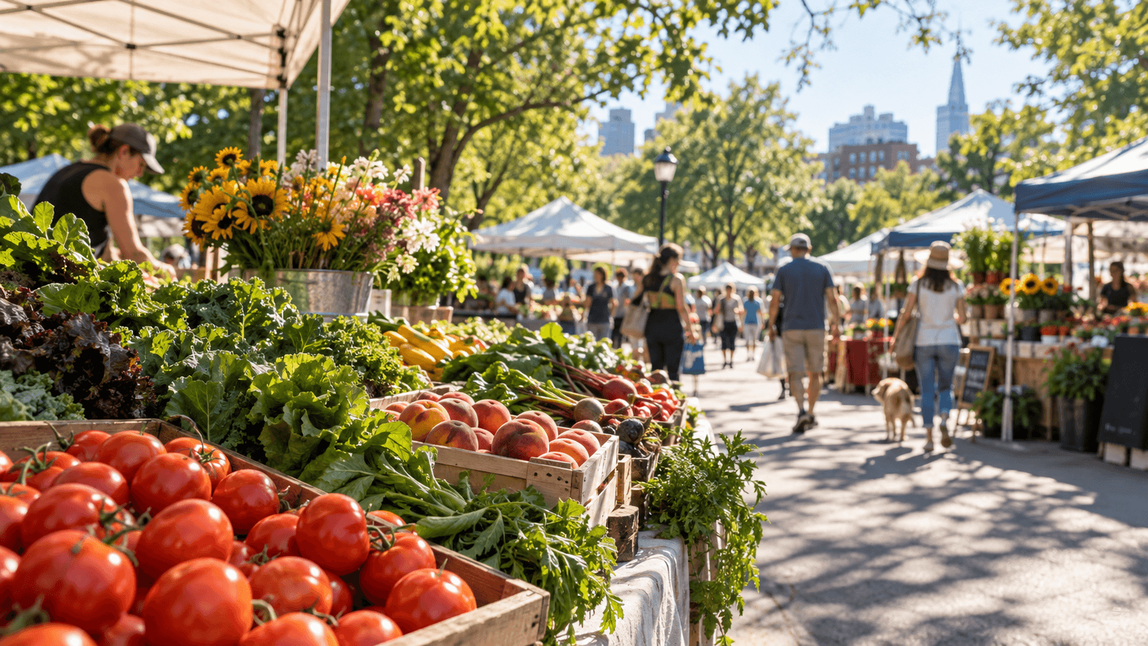 Produce stands at a community farmers market